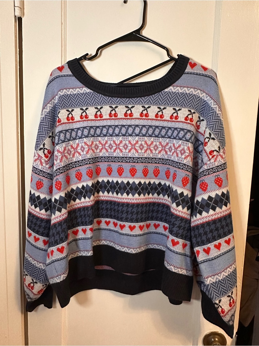 Blue Patterned Fair Isle Sweater with Red Accents